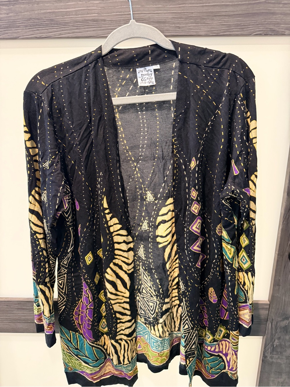 Mixed Print Open Front Cardigan with Gold Accents